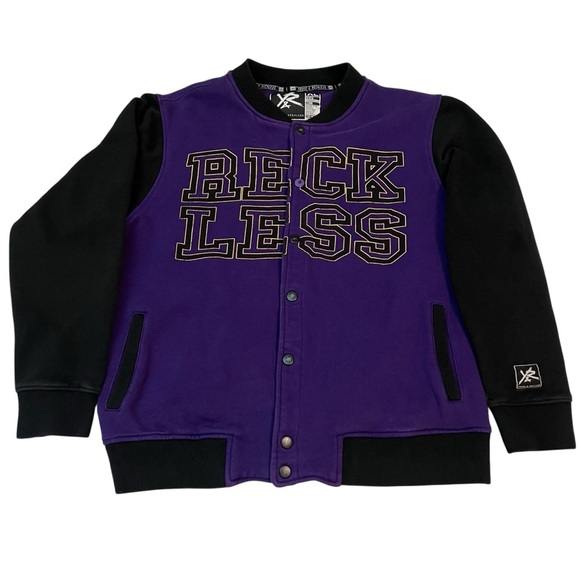 Young & Reckless XL Varsity Bomber Jacket Purple Black RECKLESS Logo - Picture 1 of 7